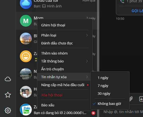Hướng dẫn cách sử dụng tin nhắn tự xoá trên Zalo trên cả điện thoại lẫn máy tính
