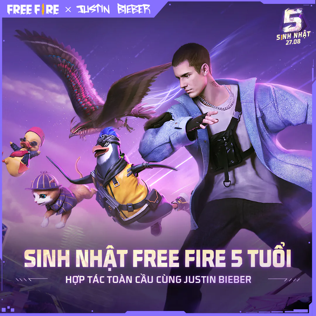 TIN NÓNG: Garena công bố hợp tác với Justin Bieber trong sự kiện Sinh Nhật 5 Tuổi của Free Fire!