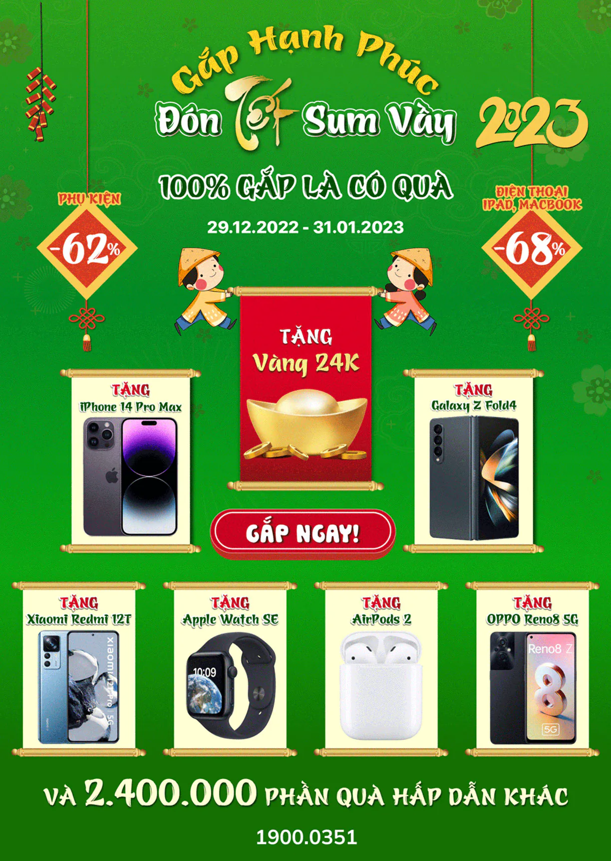 24hStore chiêu đãi khách hàng với loạt lì xì Tết, gắp là trúng vàng 24K, Samsung Galaxy Z Fold4, iPhone 14 ProMax,...