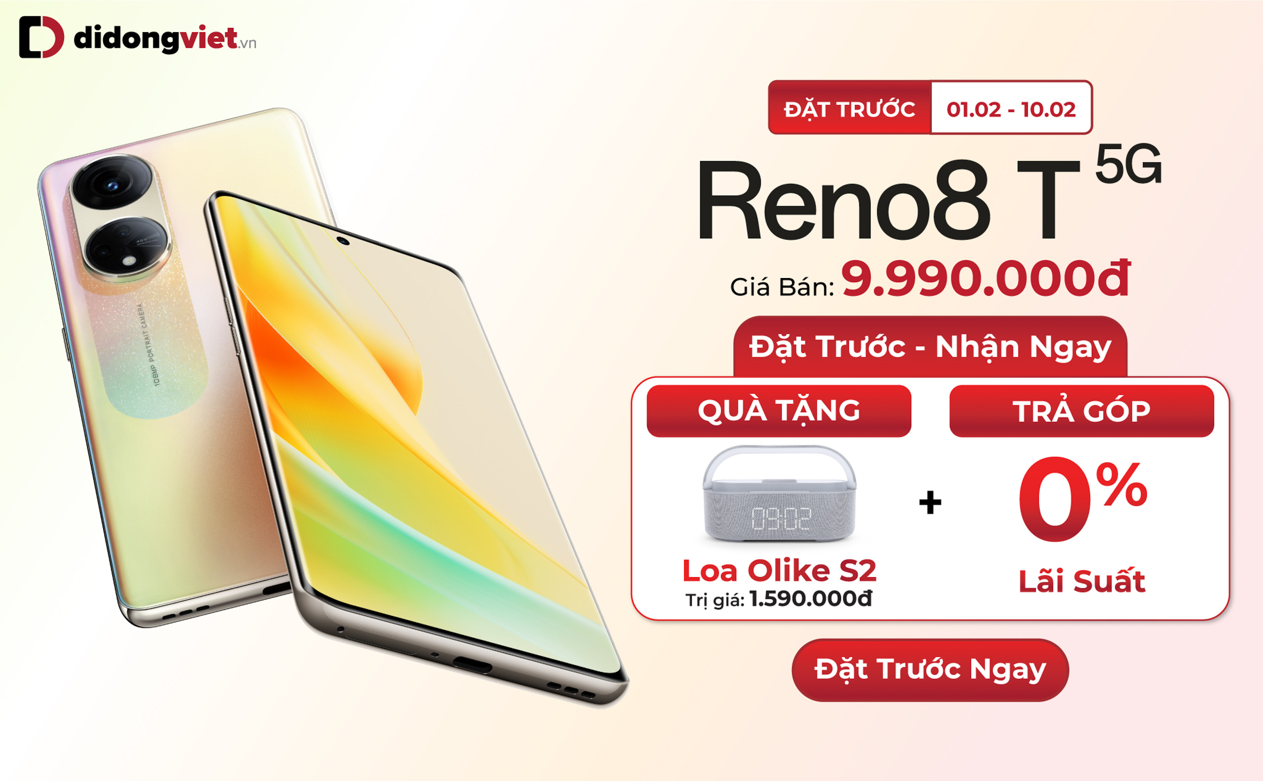 Di Động Việt nhận đặt trước OPPO Reno8 T 5G: Giá chỉ từ 9.99 triệu đồng, quà tặng trị giá đến 3.8 triệu đồng
