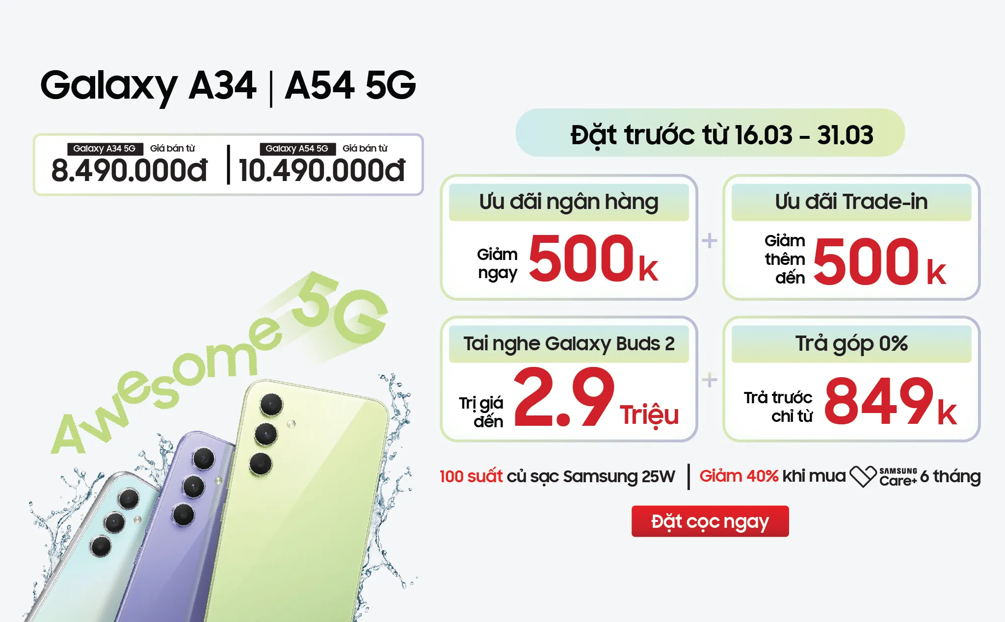Di Động Việt nhận đặt trước Galaxy A34 và Galaxy A54 5G từ 8.49 triệu đồng, kèm ưu đãi hơn 4 triệu đồng