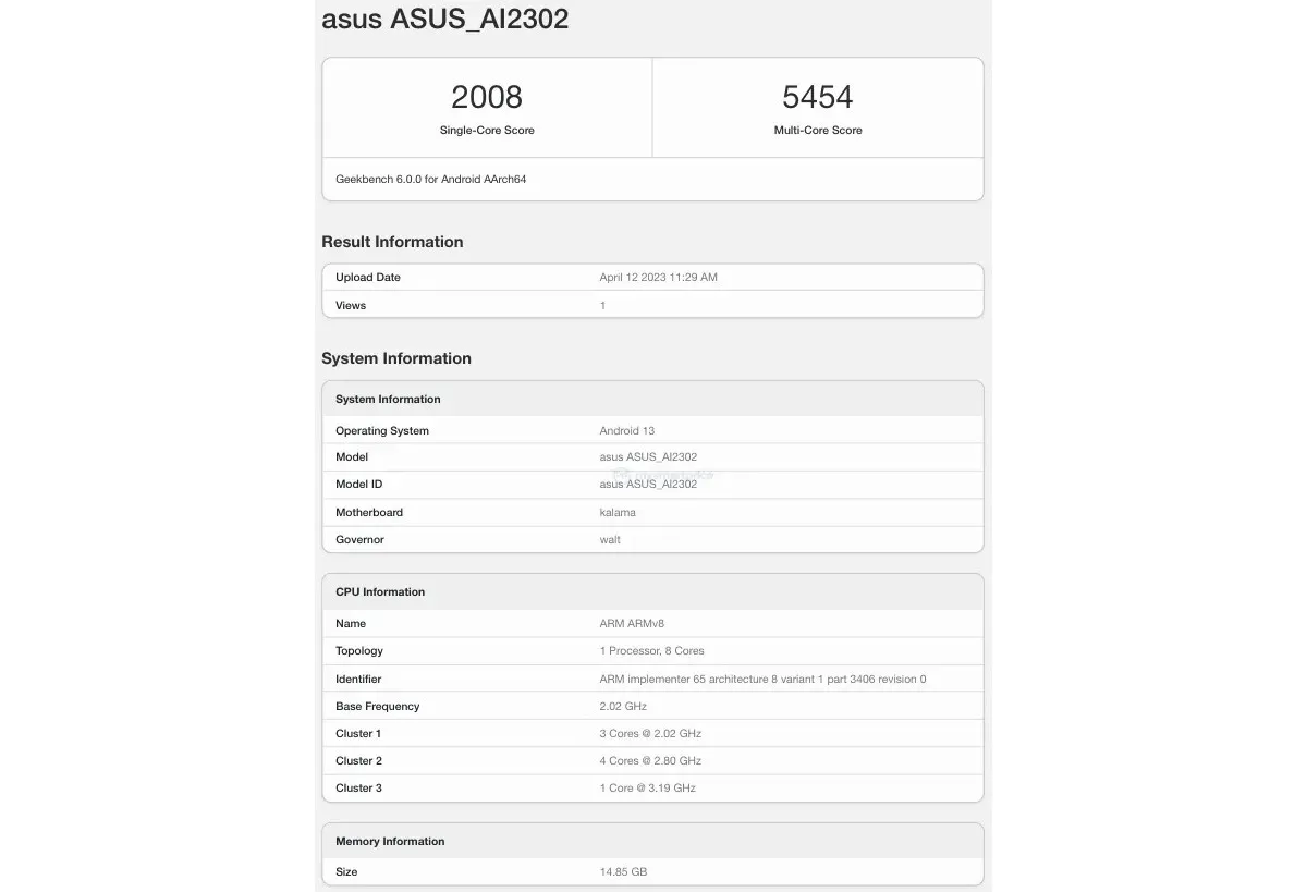 ASUS Zenfone 10 lộ điểm Geekbench với chip Snapdragon 8 Gen 2 và 16GB RAM
