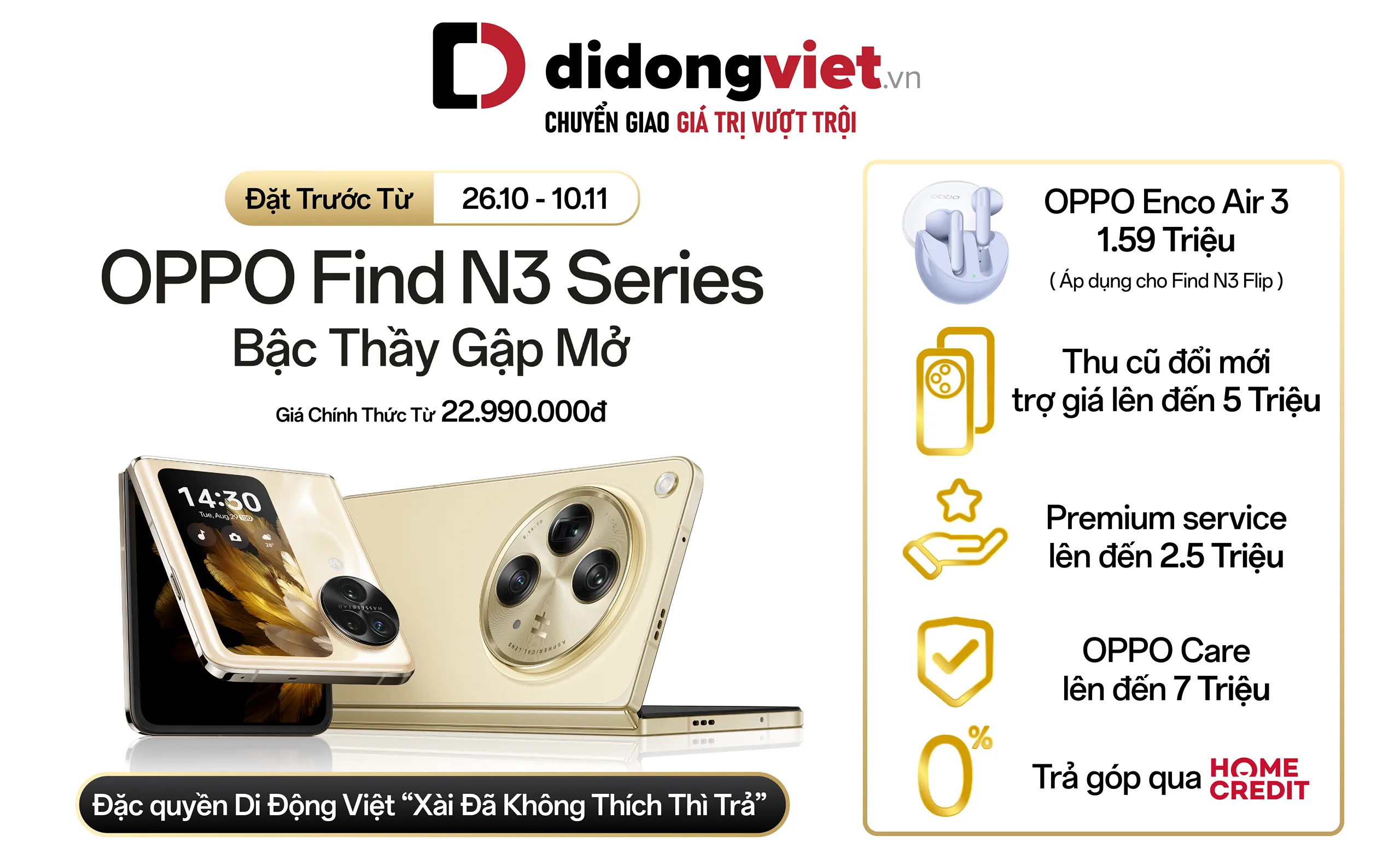 Di Động Việt nhận đặt trước OPPO Find N3 series ưu đãi lên đến 14.5 triệu đồng
