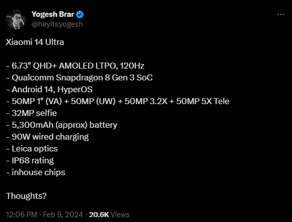Lộ diện thông số kỹ thuật của Xiaomi 14 Ultra