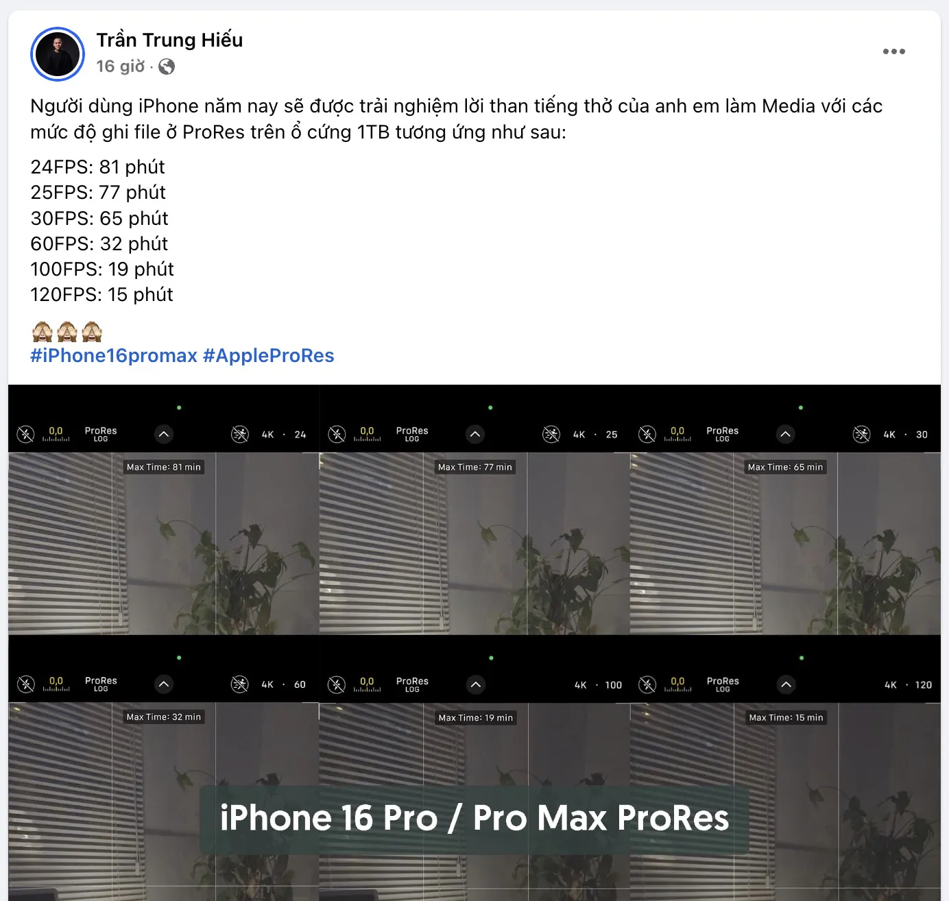 iPhone 16 Pro Max gặp thách thức lưu trữ khi quay ProRes 4K ở 100FPS và 120FPS