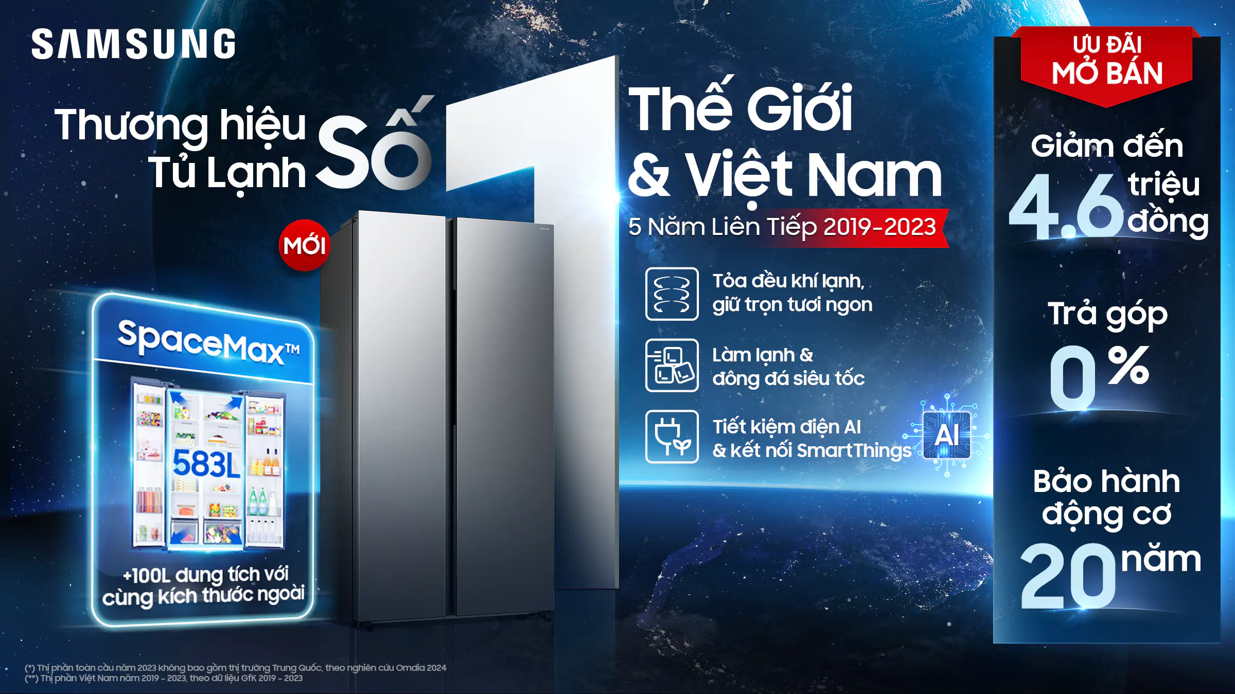 Samsung giới thiệu tủ lạnh Side by Side AI mới, tiết kiệm điện thông minh và thiết kế hiện đại