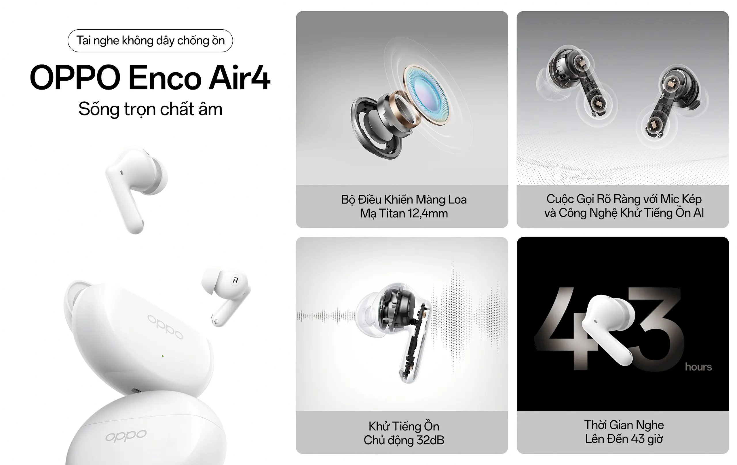 OPPO Enco Air4 ra mắt tại Việt Nam: Tai nghe chống ồn pin 43 giờ với giá tốt