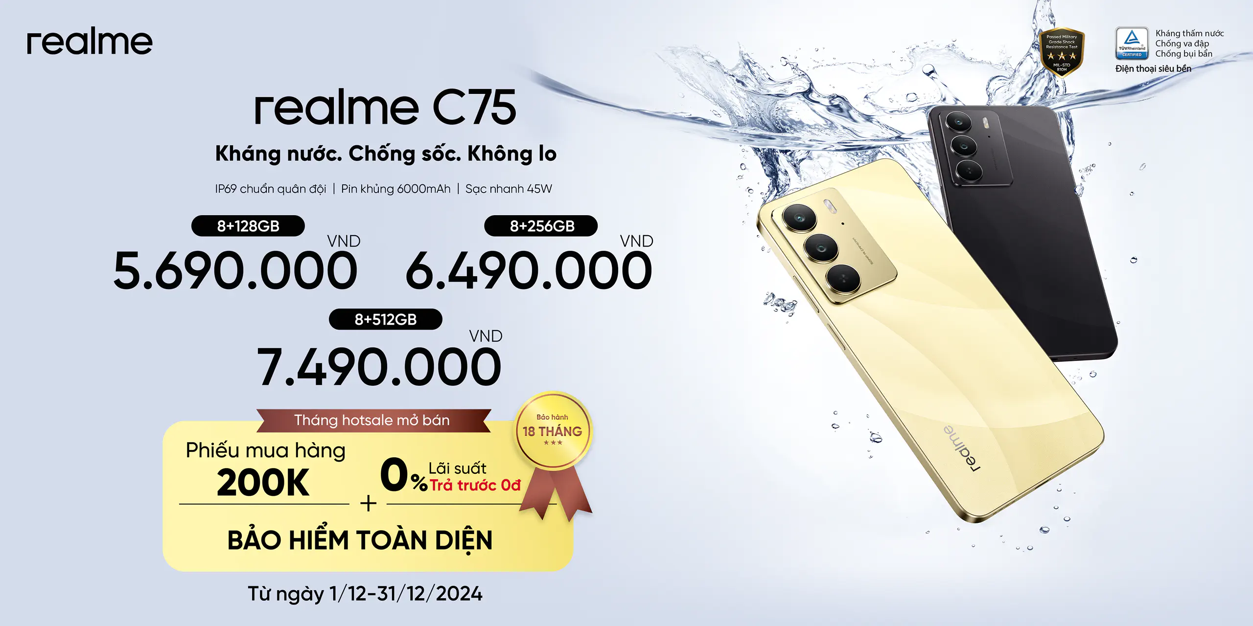 realme C75 chính thức ra mắt: Kháng nước IP69, pin 6000mAh và sạc nhanh 45W