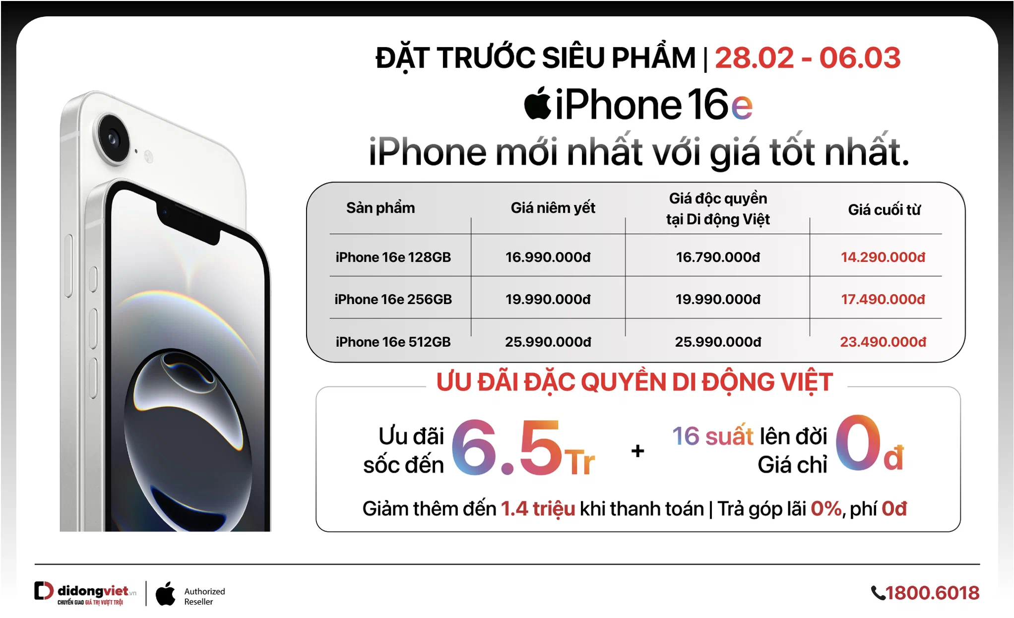 Đặt cọc iPhone 16e tại Di Động Việt: Trợ giá đến 2,500,000 VND, cơ hội nhận vàng 24K