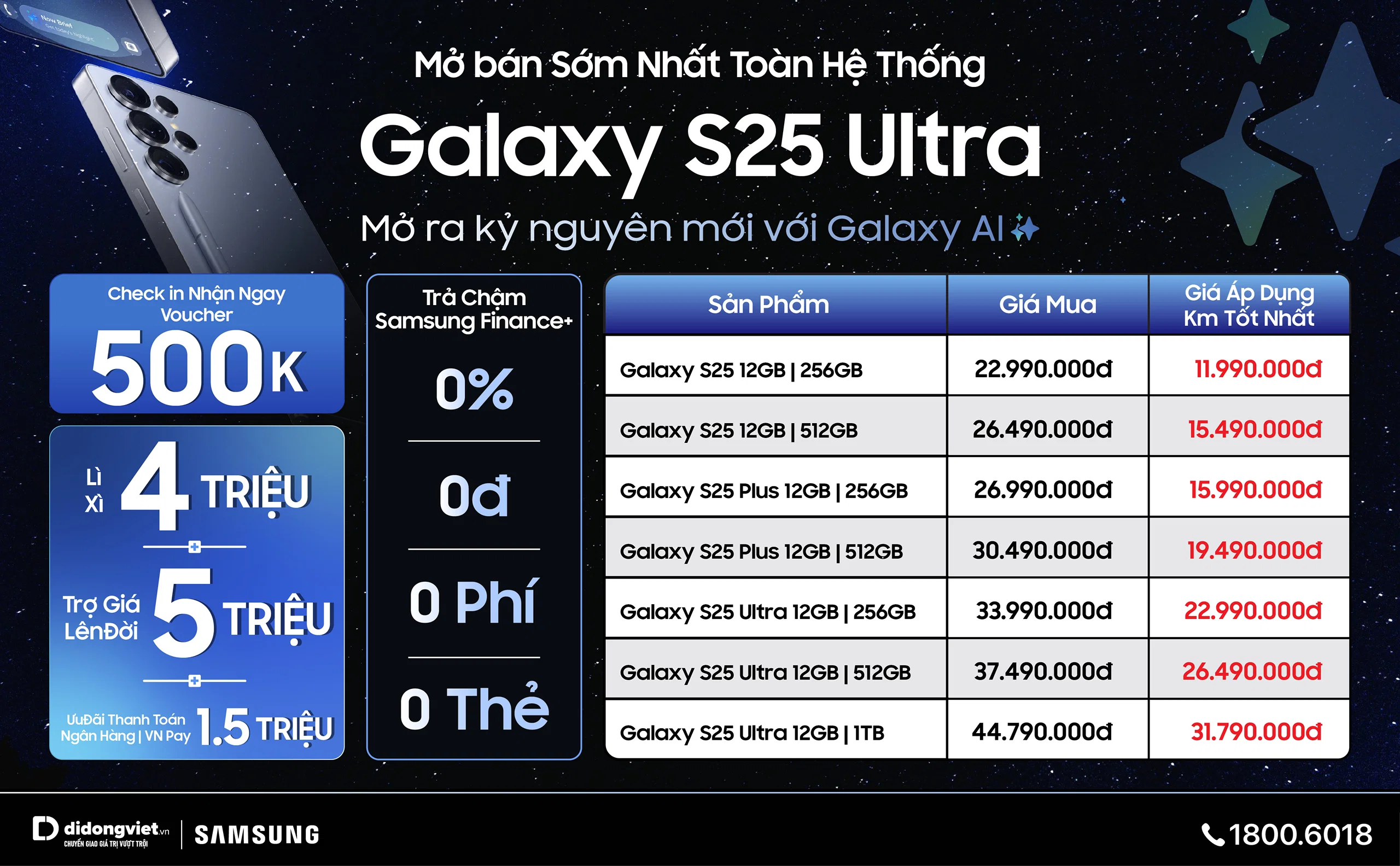 Di Động Việt tung loạt ưu đãi lớn tại sự kiện trả hàng sớm Galaxy S25: 50 suất đầu tiên nhận thêm bộ quà 1.69 triệu đồng kèm