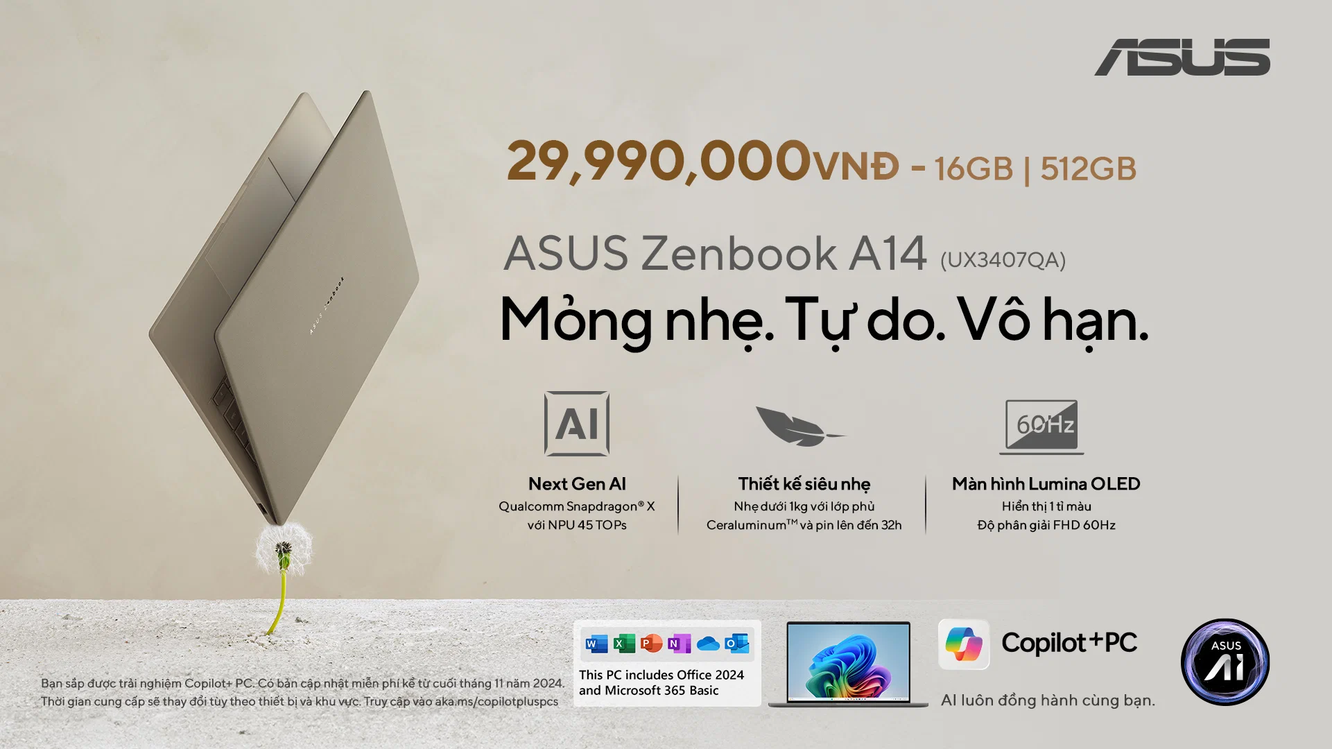 ASUS trình làng Zenbook A14 và Zenbook 14: Laptop AI Copilot+PC nhẹ nhất Việt Nam