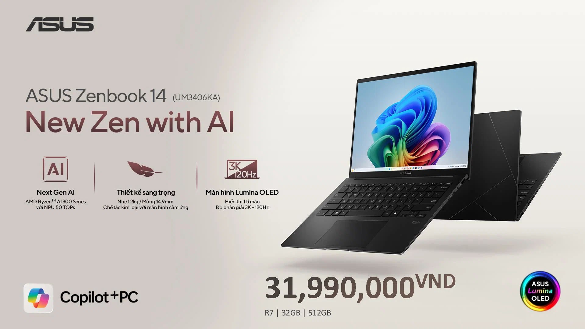 ASUS trình làng Zenbook A14 và Zenbook 14: Laptop AI Copilot+PC nhẹ nhất Việt Nam