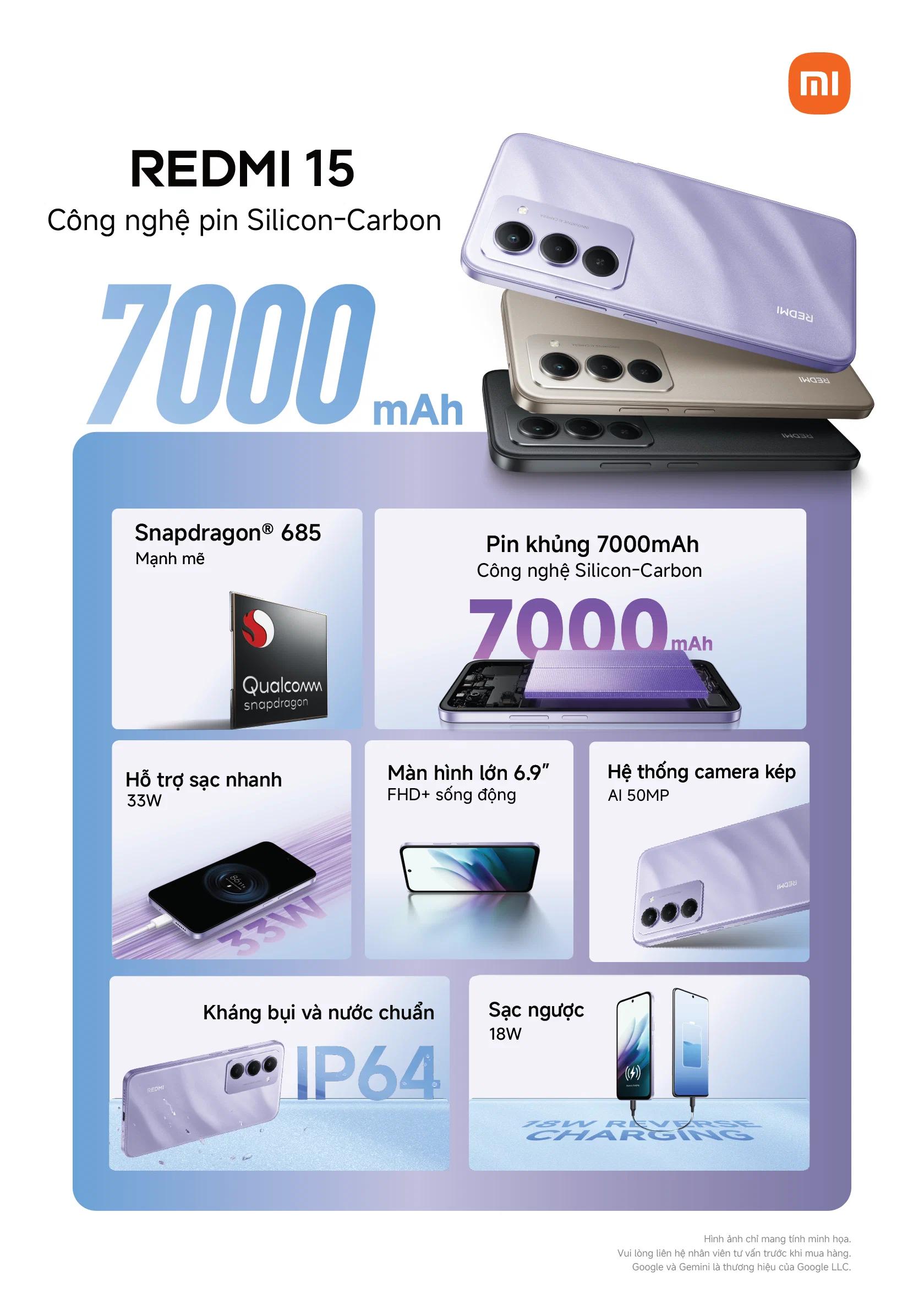 Redmi 15 ra mắt: Pin Silicon-Carbon 7,000mAh, màn hình siêu lớn 6.9 inch 144Hz