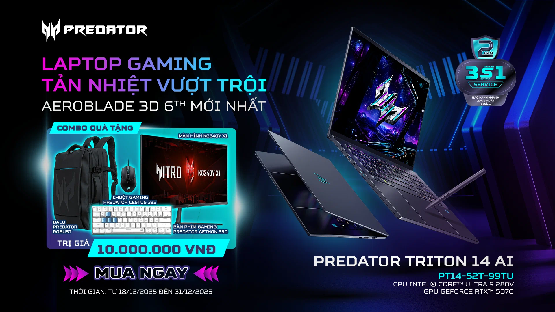 Predator Triton 14 AI: Laptop gaming cao cấp trang bị tản nhiệt Graphene TIM và RTX 5070