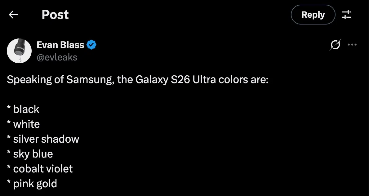 Galaxy S26 Ultra có thể ra mắt với 6 tùy chọn màu