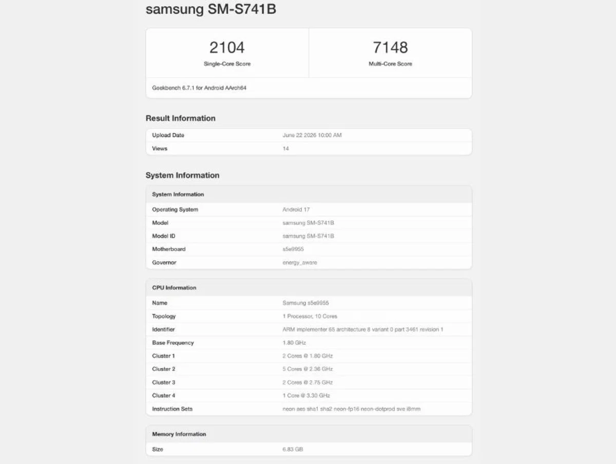 Galaxy S26 FE lộ điểm Geekbench, xác nhận dùng chip Exynos 2500