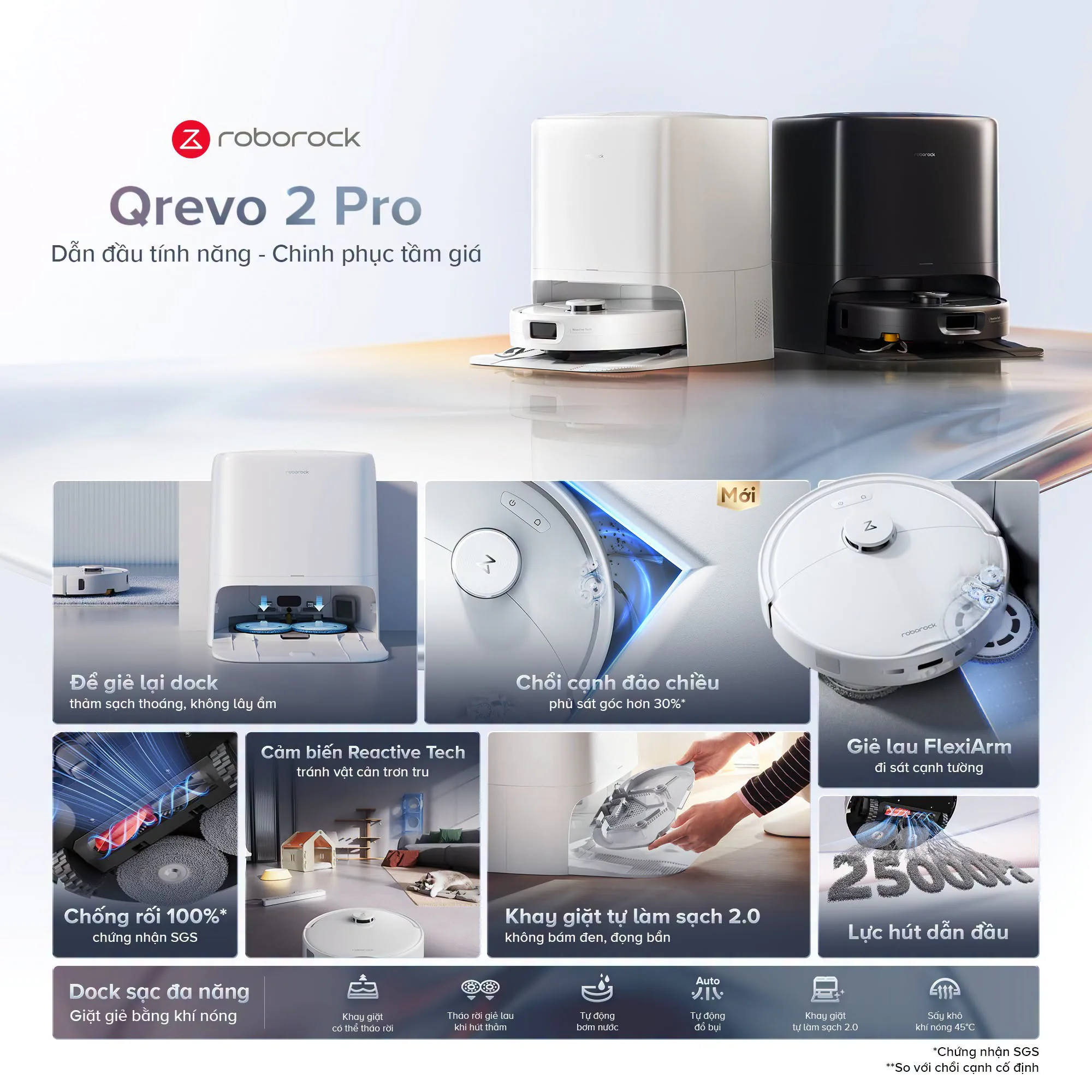 Roborock Qrevo 2 Pro ra mắt tại Việt Nam với lực hút 25,000Pa và dock tự làm sạch