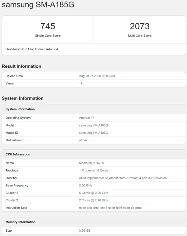 Samsung Galaxy A18 chạy Android 17 lộ điểm hiệu năng trên Geekbench