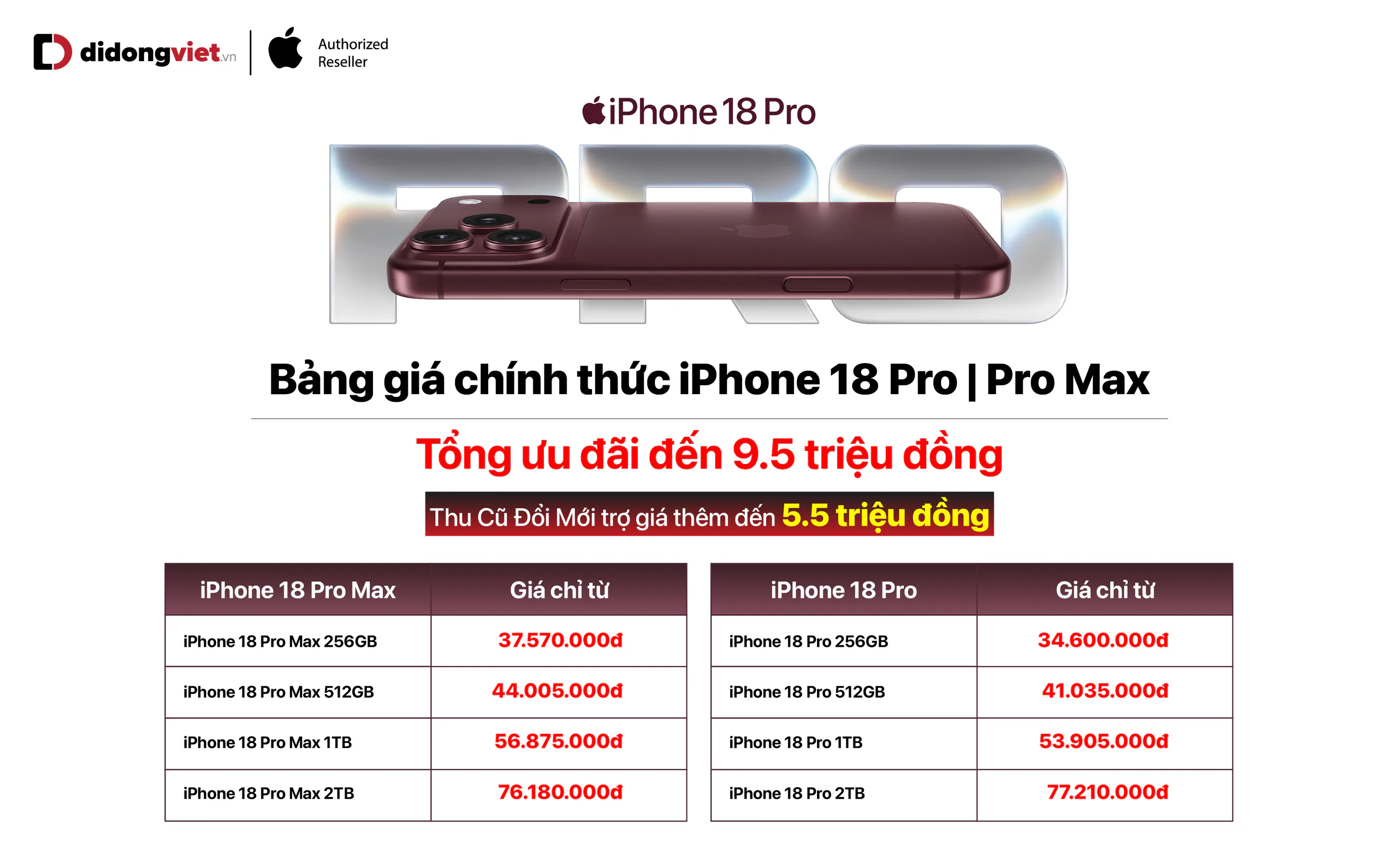 Di Động Việt mở bán iPhone 18 Pro và iPhone 18 Pro Max trên toàn quốc