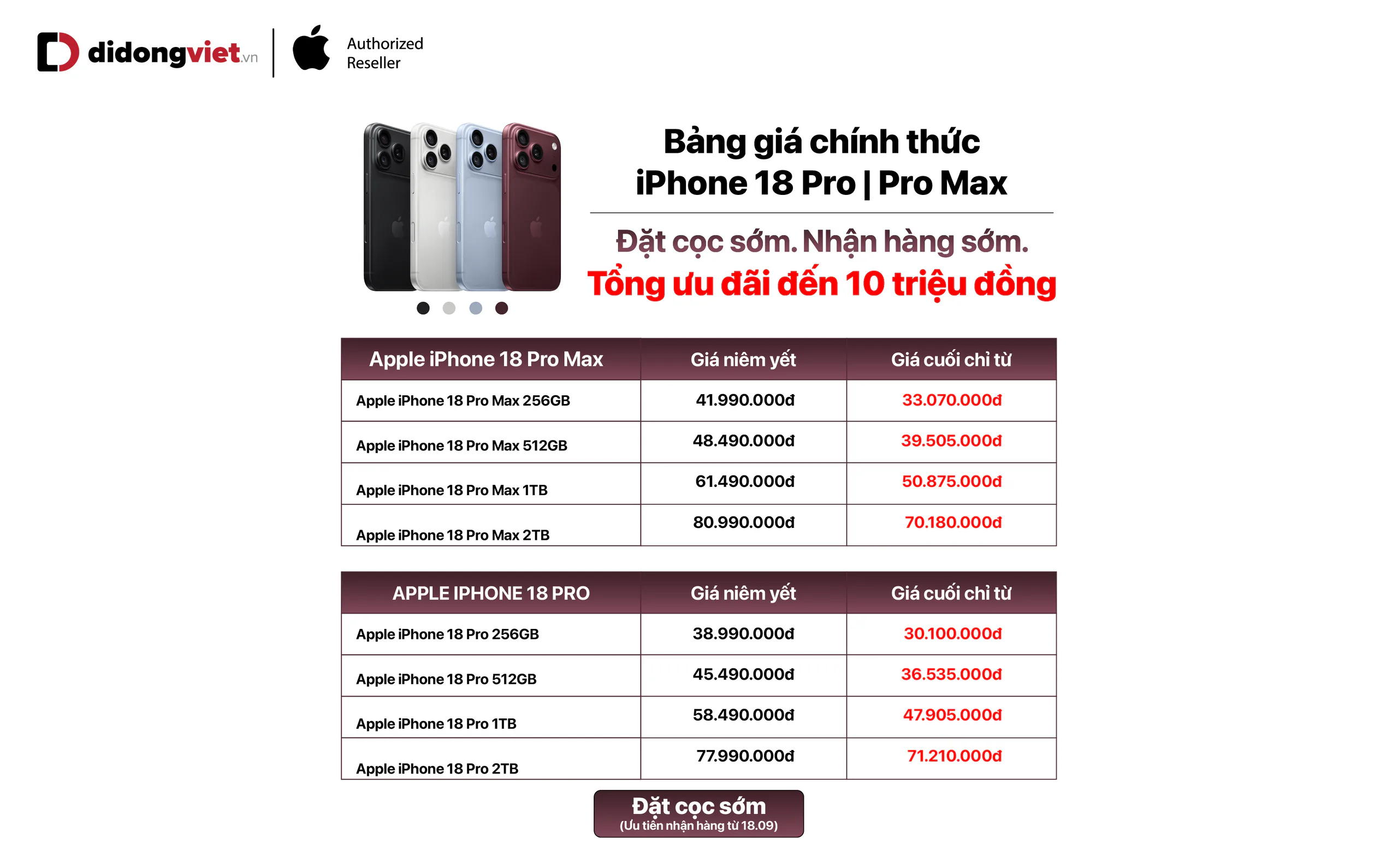 Di Động Việt mở đặt trước iPhone 18 Pro và iPhone 18 Pro Max, ưu đãi đến 10 triệu đồng