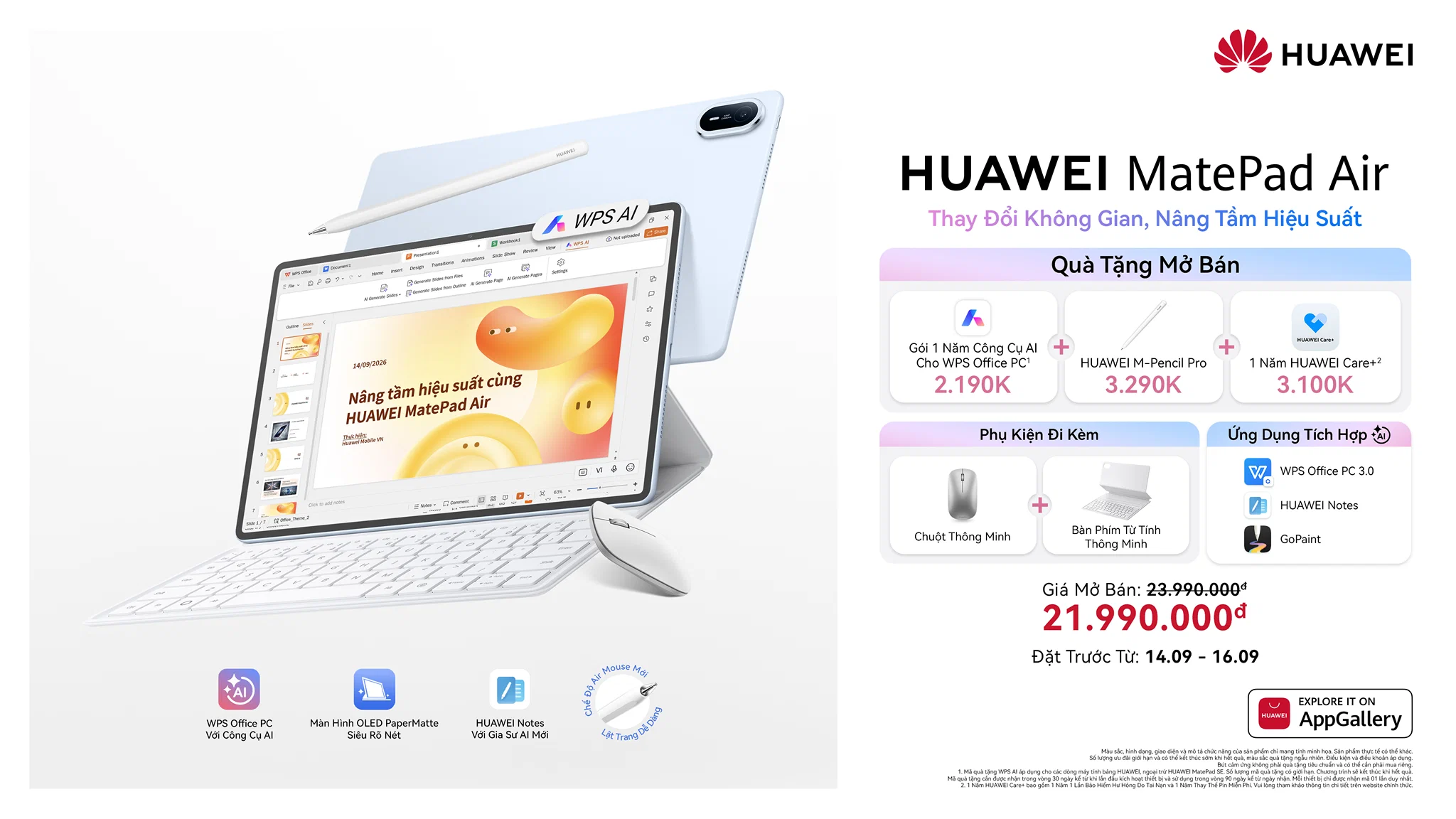 HUAWEI MatePad Air ra mắt tại Việt Nam, mỏng 5.3mm, màn hình OLED 144Hz và WPS AI