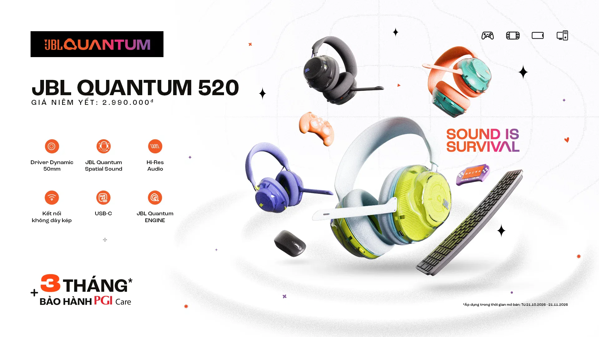 JBL Quantum 520 ra mắt với driver 50mm, pin 37 giờ và kết nối kép
