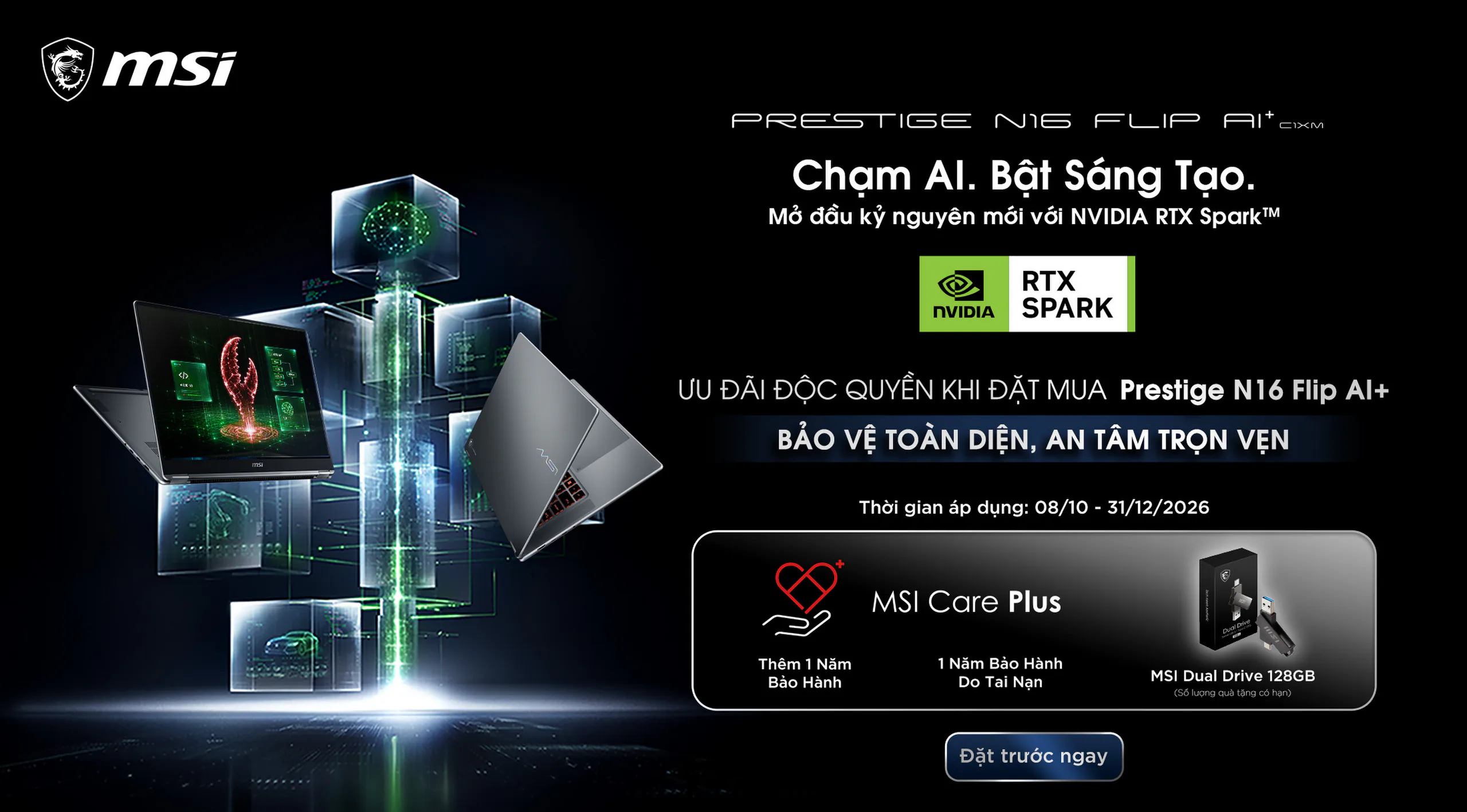 MSI Prestige N16 Flip AI+ ra mắt tại Việt Nam, tích hợp NVIDIA RTX Spark và RAM lên đến 128GB - Ngang